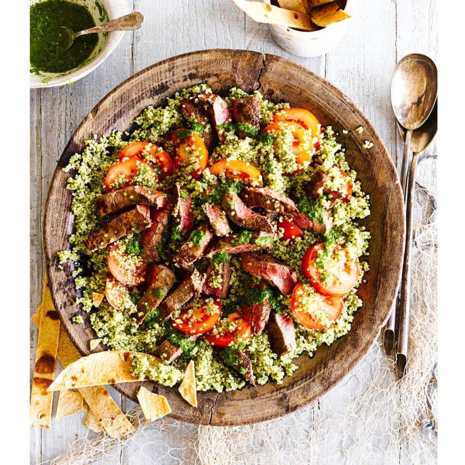 <p>This herb-laden chimichurri dressing takes a simple <a href="https://www.goodhousekeeping.com/uk/food/recipes/g27354019/steak-recipes/" rel="nofollow noopener" target="_blank" data-ylk="slk:steak salad;elm:context_link;itc:0;sec:content-canvas" class="link ">steak salad</a> to new heights. Use the juiciest tomatoes you can find and cook the rump steak on the BBQ if the weather is on your side. </p><p><strong>Recipe: <a href="https://www.goodhousekeeping.com/uk/food/recipes/a554800/quinoa-and-chimichurri-steak-salad/" rel="nofollow noopener" target="_blank" data-ylk="slk:Quinoa and chimichurri steak salad;elm:context_link;itc:0;sec:content-canvas" class="link ">Quinoa and chimichurri steak salad</a></strong></p>