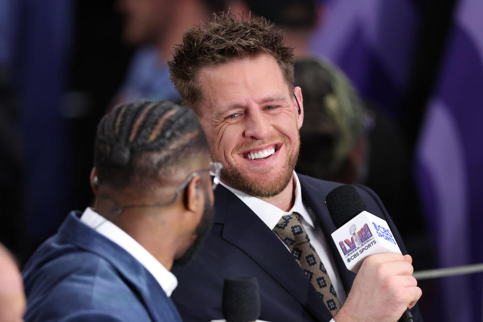 Watt on the CBS Sports set ahead of Super Bowl LVIII in Las Vegas.  (Steph Chambers/Getty Images)