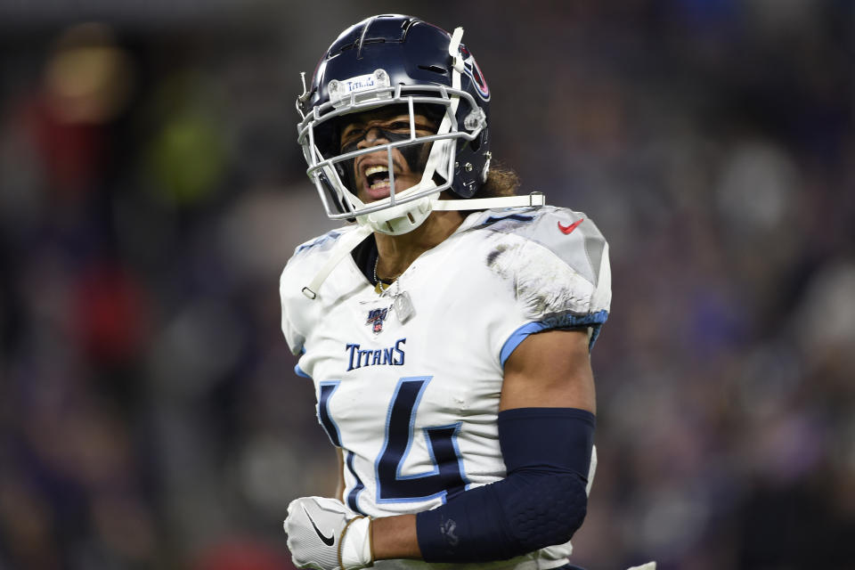 Tennessee Titans wide receiver Kalif Raymond (14) celebrates his touchdown during the first half an NFL divisional playoff football game against the Baltimore Ravens, Saturday, Jan. 11, 2020, in Baltimore. (AP Photo/Gail Burton)