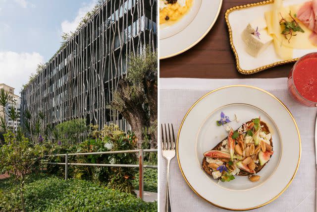 <p>Carmen Campos</p> Rosewood São Paulo’s vertical garden wall (left) and breakfast at the hotel’s Le Jardin (right).