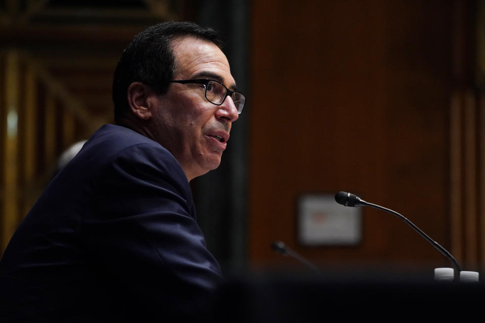 WASHINGTON, DC - SEPTEMBER 24: Steven T. Mnuchin, Secretary, Department of the Treasury during the Senate's Committee on Banking, Housing, and Urban Affairs hearing examining the quarterly CARES Act report to Congress n September 24, 2020 in Washington, DC. The Coronavirus Aid, Relief, and Economic Security Act, also known as the CARES Act, is a $2.2 trillion economic stimulus bill passed in response to the economic fallout of the COVID-19 pandemic in the United States.  (Photo by Toni L. Sandys-Pool/Getty Images)