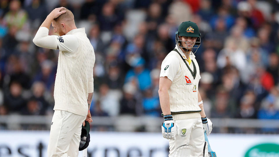 Pictured here, Ben Stokes looks frustrated by Steve Smith during the 2019 Ashes.