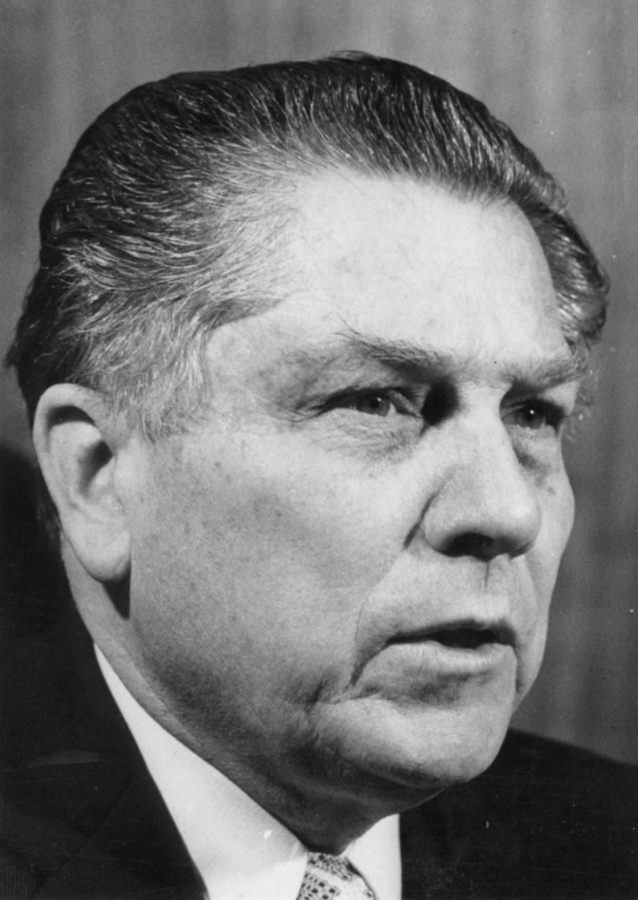 Jimmy Hoffa is shown in this 1975 file photo. Hoffa, father of current Teamsters President James P. Hoffa, disappeared from the parking lot of the Machus Red Fox restaurant in Michigan in July 1975.