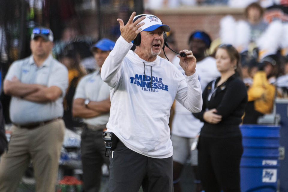 Middle Tennessee head coach Rick Stockstill argues a call during the second quarter of an NCAA college football game against Missouri, Saturday, Sept. 9, 2023, in Columbia, Mo. (AP Photo/L.G. Patterson)