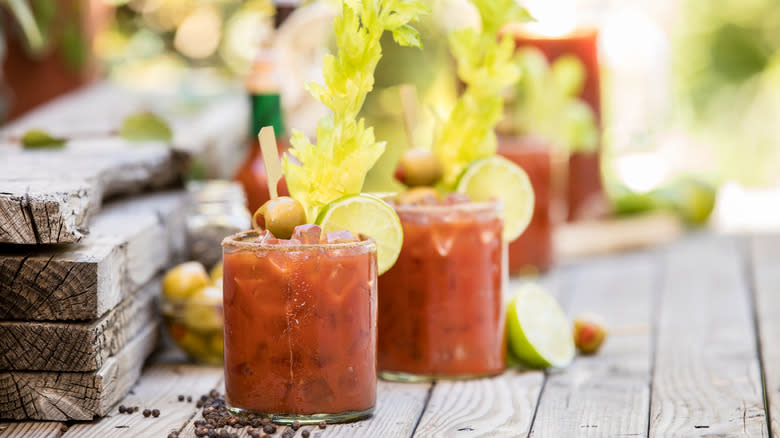 bloody mary cocktails with fresh garnishes