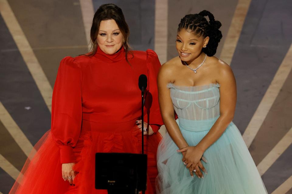 Melissa McCarthy and Halle Bailey speak onstage during the 95th Annual Academy Awards at Dolby Theatre on March 12, 2023 in Hollywood, California.