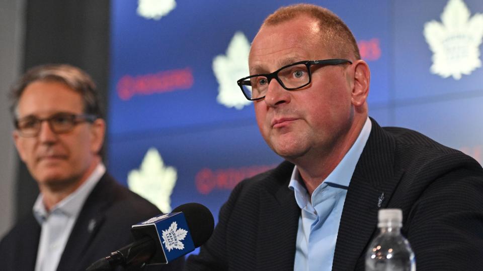 Brad Treliving met with the media for the first time as Maple Leafs general manager at Scotiabank Arena on Thursday. (Reuters)