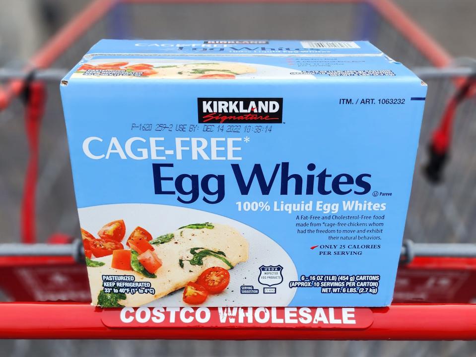 Box of cage-free egg whites in a shopping cart