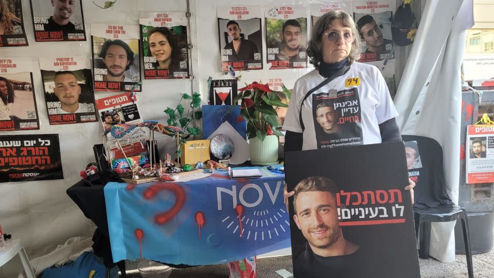 Nili Bresler turns up at Hostage Square almost every daily to campaign for the release of Avinatan Or, 30, whom she taught technical English. - Lianne Kolirin/CNN