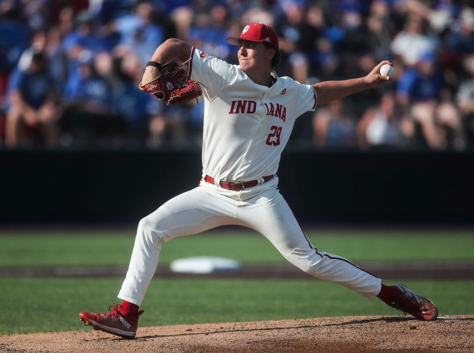 Indiana starting pitcher Ryan Craft throws towards home plate against Kentucky. The Hoosiers defeated Kentucky 5-3 Saturday night in the 2023 NCAA Regional at Kentucky Proud Park in Lexington. June 3, 2023. 