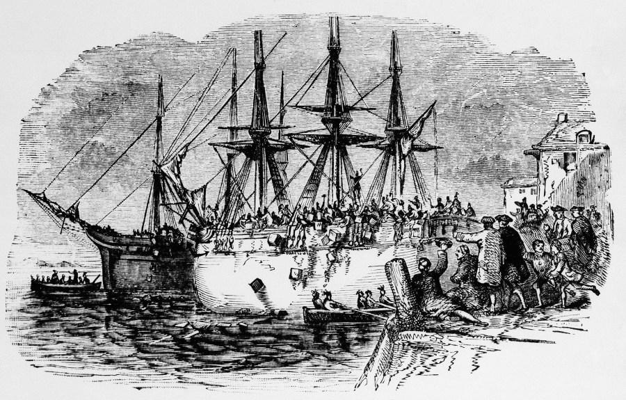 FILE-The Boston Tea Party of 1773, is depicted in an undated engraving. Bostonians dressed as Indians dumped 342 chests of tea overboard from three British ships in protest against “taxation without representation.” Patriotic mobs and harbor tea dumping are returning to Boston on Saturday, Dec. 16, 2023 as the city marks the 250th anniversary of the revolutionary protest that preceded America’s independence. (AP Photo)