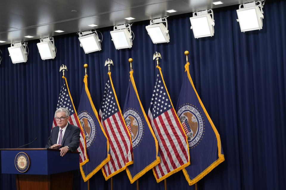 Federal Reserve Chair Jerome Powell speaks at a news conference Wednesday, Sept. 21, 2022, at the Federal Reserve Board Building, in Washington. Intensifying its fight against chronically high inflation, the Federal Reserve raised its key interest rate by a substantial three-quarters of a point for a third straight time, an aggressive pace that is heightening the risk of an eventual recession. (AP Photo/Jacquelyn Martin)