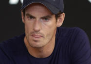 Britain's Andy Murray reacts during a press conference at the Australian Open tennis championships in Melbourne, Australia, Friday, Jan. 11, 2019. A tearful Murray says the Australian Open could be his last tournament because of a hip injury that has hampered him for almost two years.(AP Photo/Mark Baker)