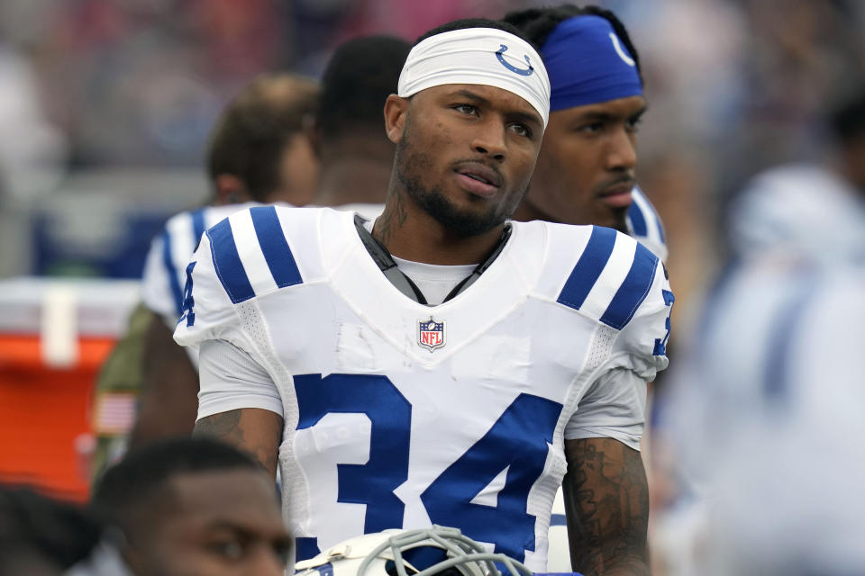 FILE - Indianapolis Colts cornerback Isaiah Rodgers (34) looks on during an NFL football game, Sunday, Nov. 6, 2022, in Foxborough, Mass. The NFL suspended three players indefinitely Thursday, June 29, 2023, for violating the league's gambling policy and a fourth was sidelined for six games. Isaiah Rodgers and Rashod Berry of the Indianapolis Colts along with free agent Demetrius Taylor received indefinite suspensions through at least this season for betting on NFL games in 2022. (AP Photo/Charles Krupa, File)