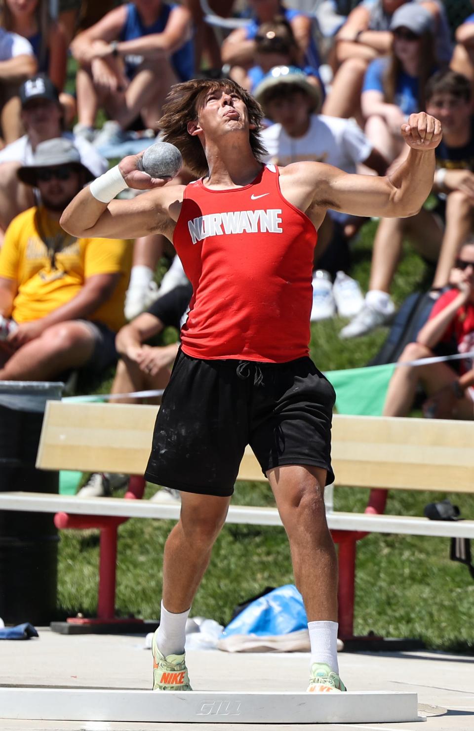 Dillon Morlock unleashes his record-breaking shot put at the Div. III state championship meet.