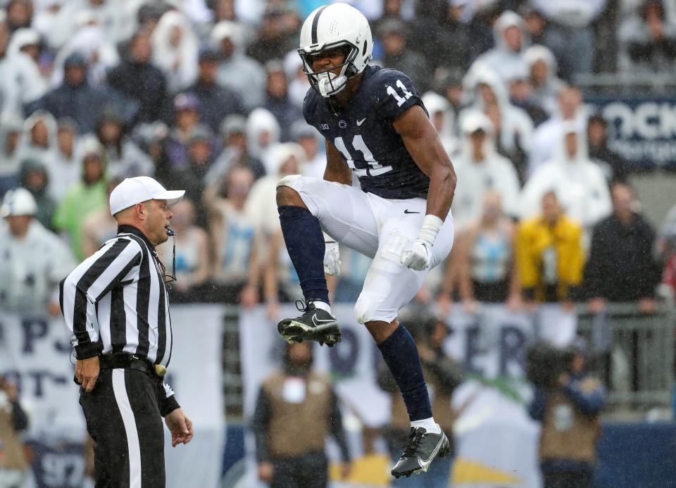 Oct 1, 2022; University Park, Pennsylvania, USA; Penn State Nittany Lions linebacker Abdul Carter (11) reacts after a tackle against the Northwestern Wildcats during the second quarter at Beaver Stadium. Penn State won 17-7. Mandatory Credit: Matthew OHaren-USA TODAY Sports