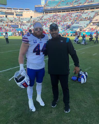 <p>Kevin Maxen/Instagram</p> Kevin Maxen poses on the field after a Jaguars' game.