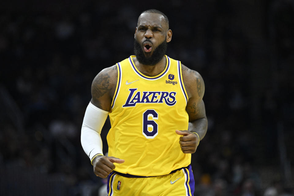 Mar 21, 2022; Cleveland, Ohio, USA; Los Angeles Lakers forward LeBron James (6) reacts in the second quarter against the Cleveland Cavaliers at Rocket Mortgage FieldHouse. Mandatory Credit: David Richard-USA TODAY Sports