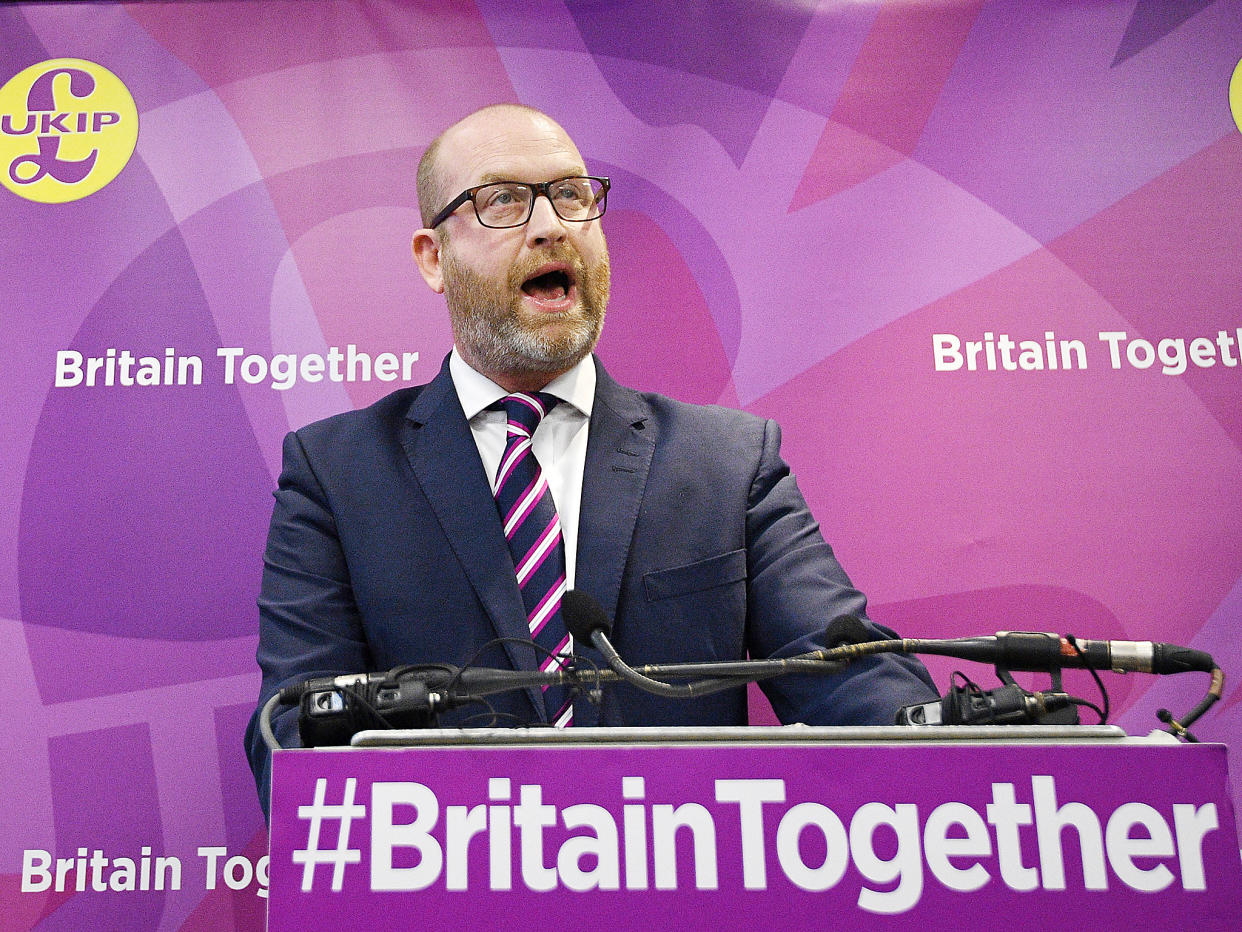 Straining to be heard above a chorus of boos directed at the media, Paul Nutall blamed Theresa May for the terror attack in Manchester: EPA