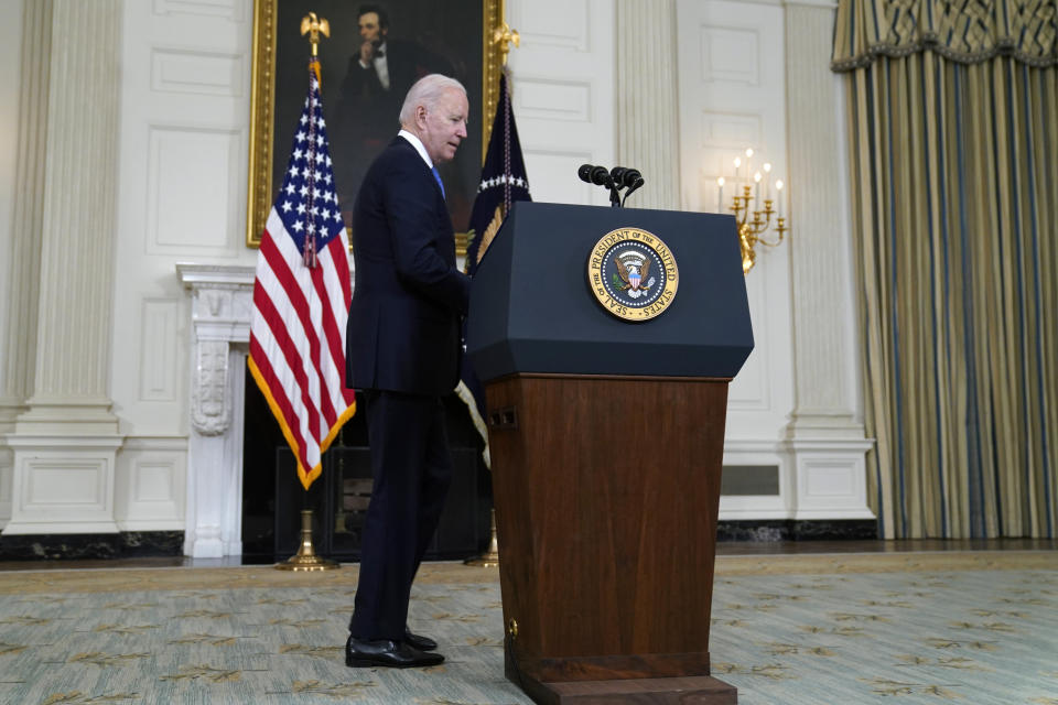 President Joe Biden arrives to speak about the American Rescue Plan, in the State Dining Room of the White House, Wednesday, May 5, 2021, in Washington. (AP Photo/Evan Vucci)