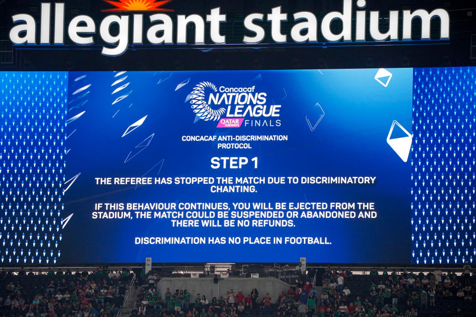 LAS VEGAS, NEVADA - JUNE 15: The video board displays a message that the game has been stopped due to discriminatory chanting  during the second half of the 2023 CONCACAF Nations League Semifinal between the United States and Mexico at Allegiant Stadium on June 15, 2023 in Las Vegas, Nevada. (Photo by John Todd/USSF/Getty Images for USSF)