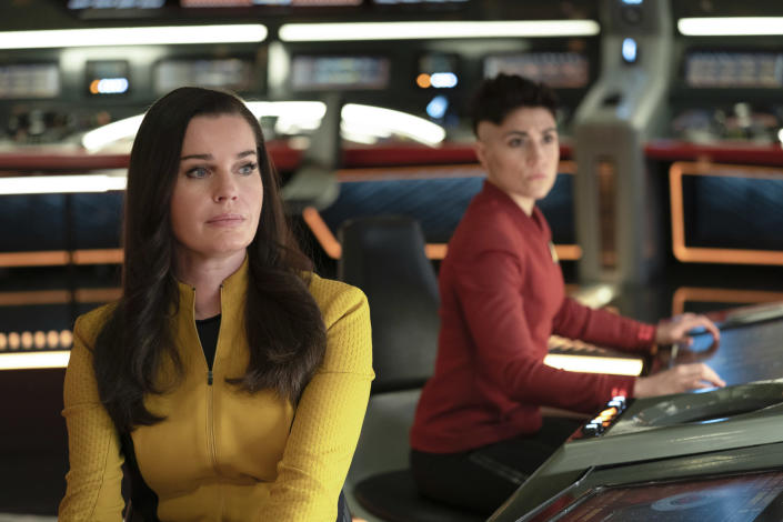 This image released by Paramount+ shows Rebecca Romijn as Una, left, and Melissa Navia as Ortegas in a scene from the series "Star Trek: Strange New Worlds." (Marni Grossman/Paramount+ via AP)