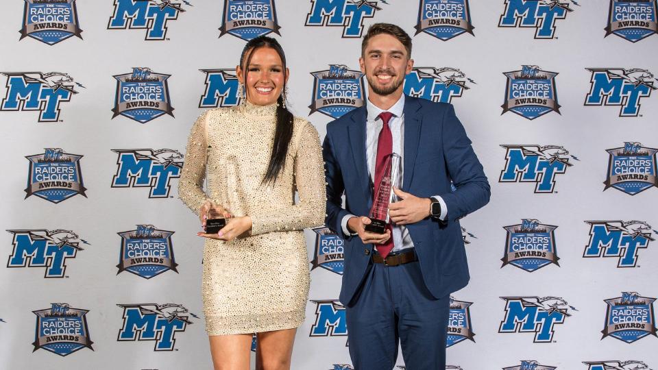 MTSU women's basketball player Courtney Whitson (left) and baseball player Briggs Rutter (right) were named True Blue President's Award winners at the annual Raiders' Choice Awards Thursday.