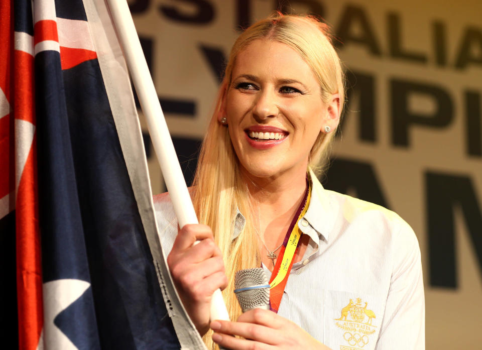 LONDON, ENGLAND - JULY 26: Basketballer Lauren Jackson looks on after being announced as the Australian flag bearer at the Australian Olympic Council 2012 Olympic Games team flag bearer announcement at the Stratford Westfield Southern Lounge on July 26, 2012 in London, England. (Photo by Quinn Rooney/Getty Images)