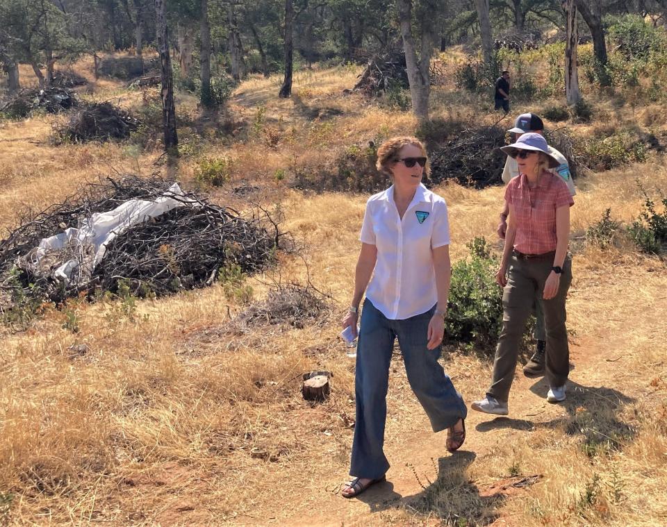 Tracy Stone-Manning, left, national director for the U.S. Bureau of Land Management and state director Kren Mouritsen, visited Redding on Monday to announce work planned at the Swasey Recreation Area west of Redding.