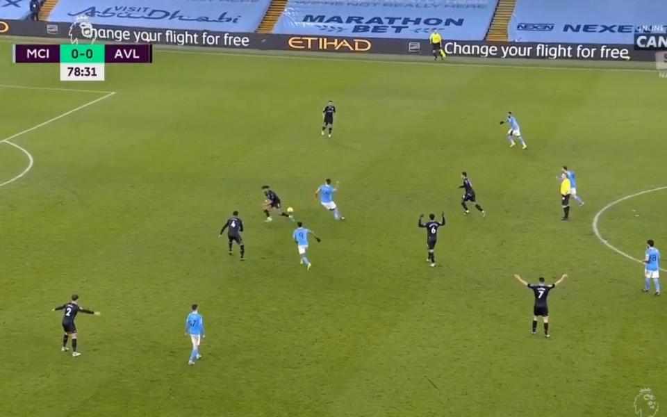 By the time Mings controls the ball, Rodri has raced back to steal possession from him - -/-