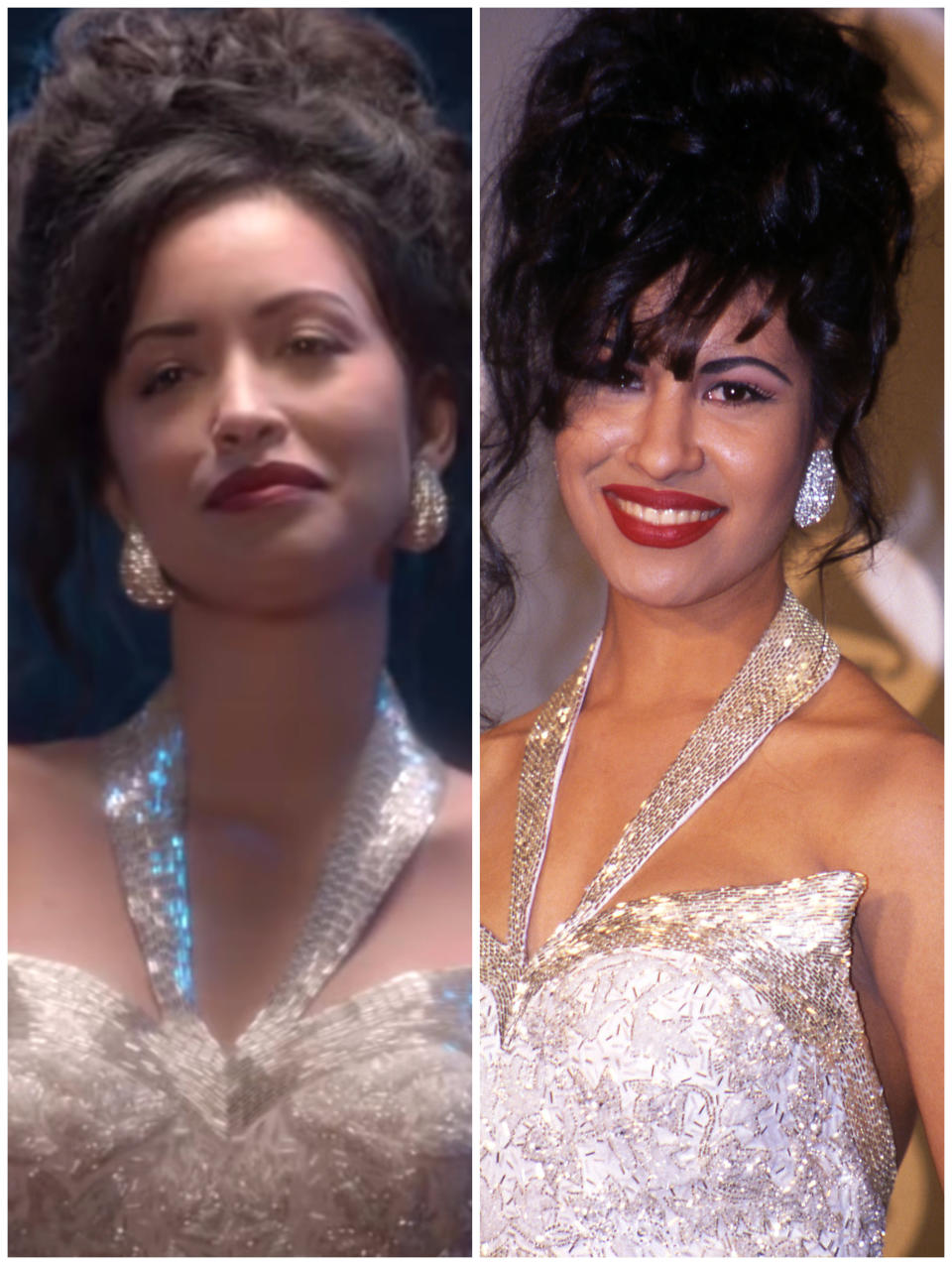 Christian Serratos in "Selena: The Series" vs. the real Selena Quintanilla-Pérez