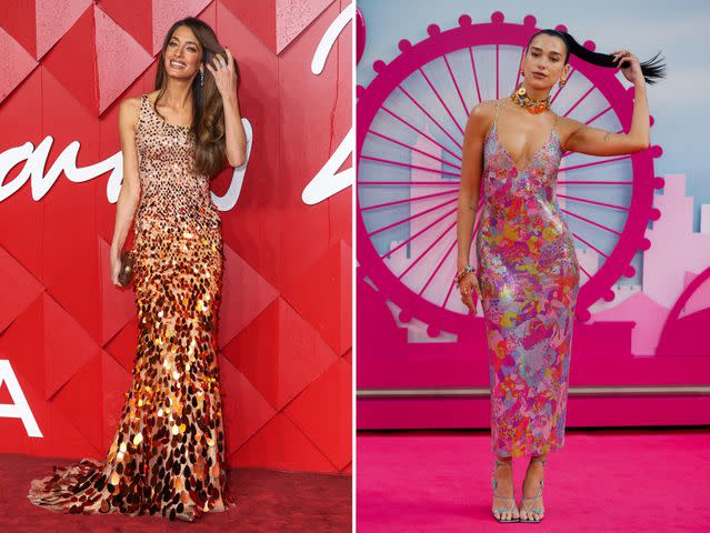 <p>Getty Images</p> Amal Clooney and Dua Lipa in Versace.