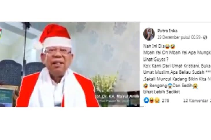 Tangkapan layar hoaks video Wapres Ma'ruf Amin ucapkan Natal dengan pakaian Sinterklas (facebook)
