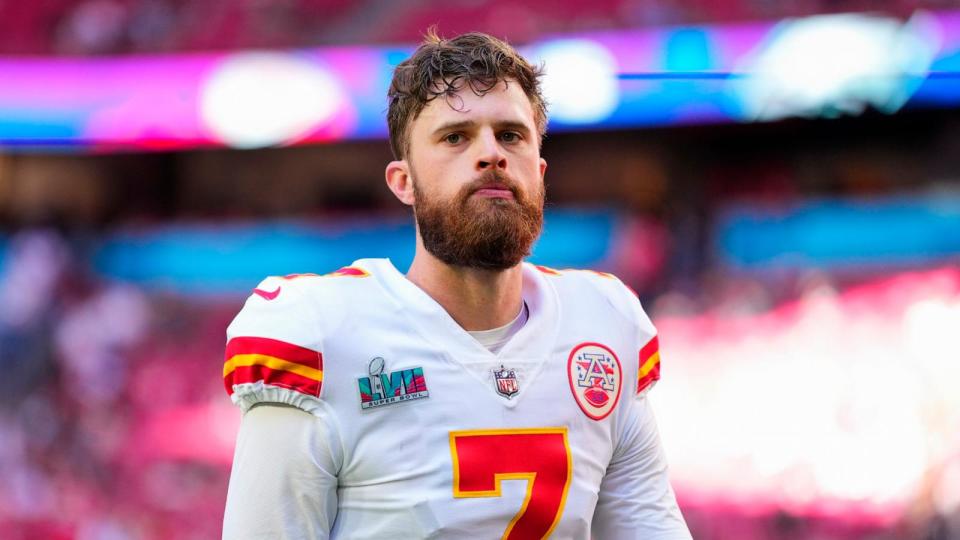 PHOTO: Harrison Butker of the Kansas City Chiefs warms up before the game against the Philadelphia Eagles prior to Super Bowl LVII at State Farm Stadium, Feb. 12, 2023, in Glendale, Ariz. (Cooper Neill/Getty Images)