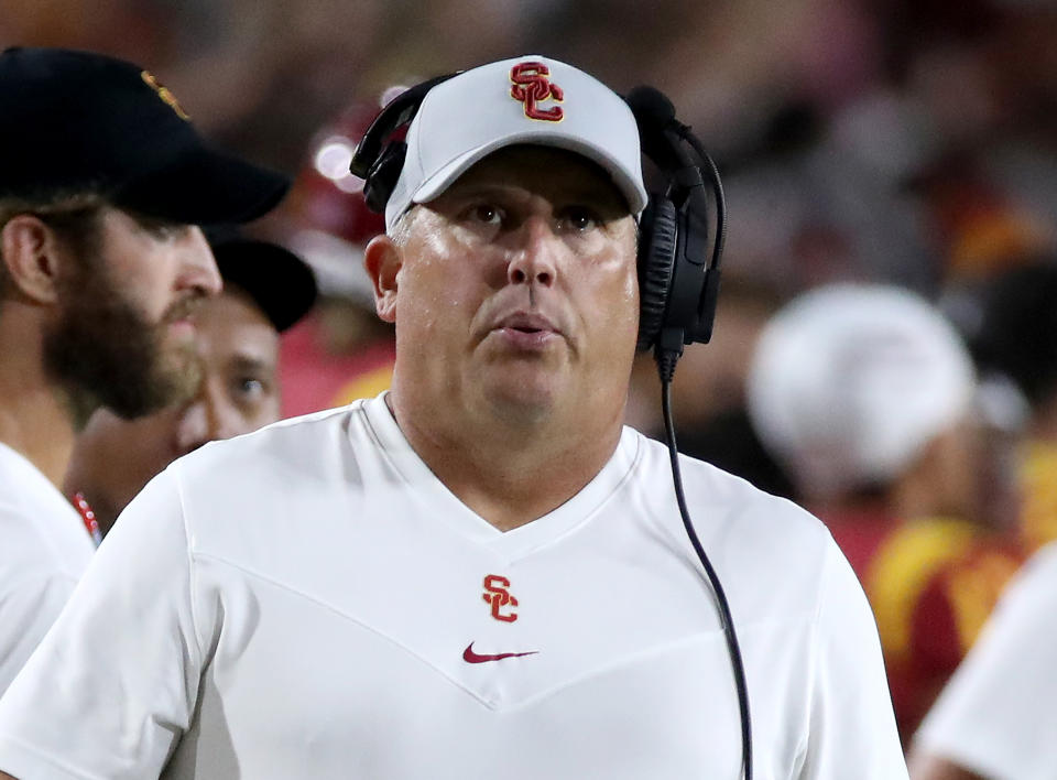 LOS ANGELES, CALIF. - SEP 11, 2021. USC head coach Clay Helton on the sideline during a game against Stanford at the Coliseum on Saturday night, Sep. 11, 2021. (Luis Sinco / Los Angeles Times via Getty Images)