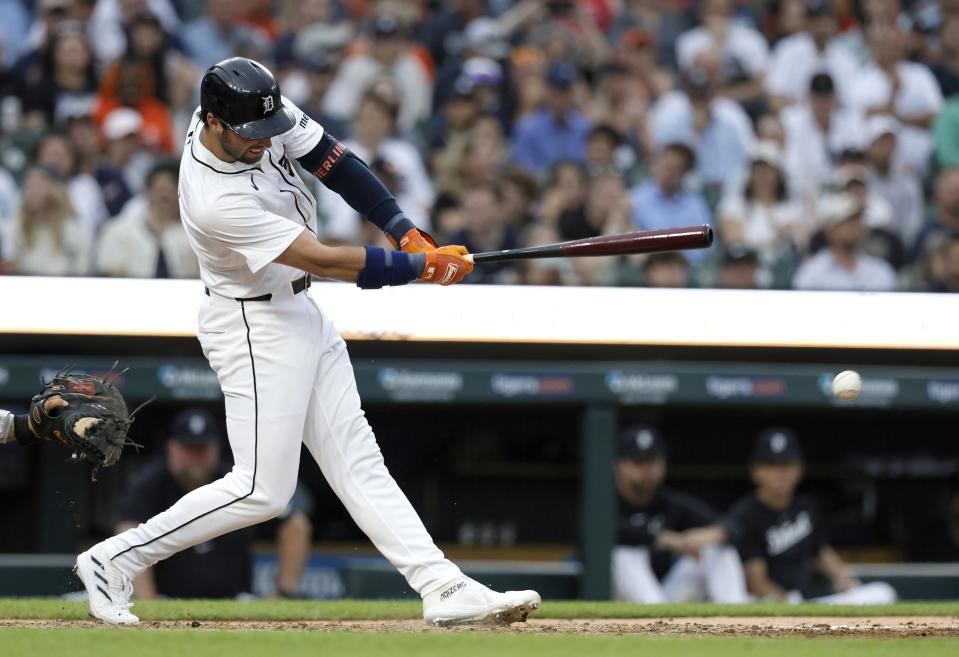 Detroit Tigers' Matt Vierling grounds out with the bases loaded, driving in Justyn-Henry Malloy, against the Philadelphia Phillies during the fifth inning of a baseball game Tuesday, June 25, 2024, in Detroit. (AP Photo/Duane Burleson)