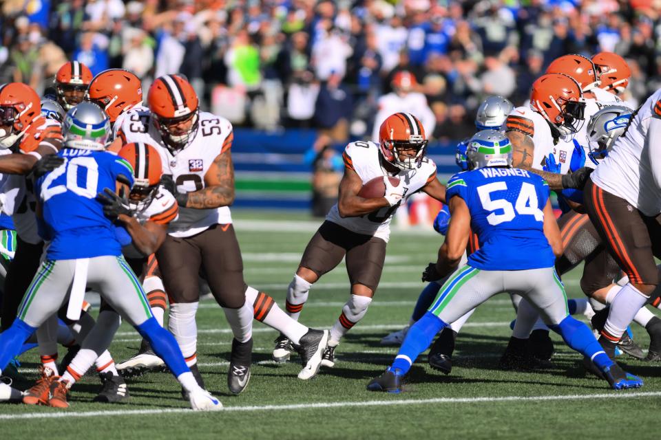 Cleveland Browns running back Pierre Strong Jr. (20) carries the ball against the Seattle Seahawks on Sunday in Seattle.
