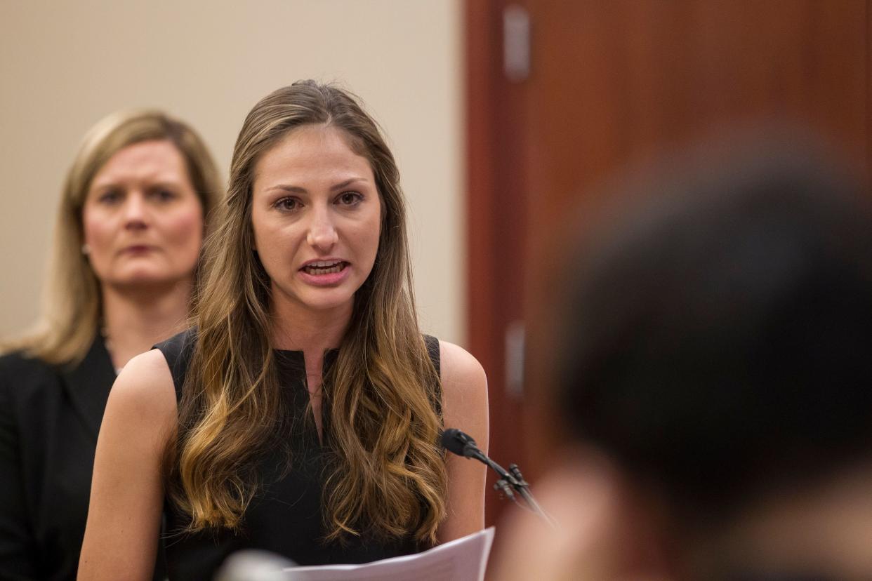 Kyle Stephens, a survivor of former Team USA doctor Larry Nassar's abuse, gives her victim impact statement during Nassar's sentencing hearing in Lansing, Michigan, on Jan. 16, 2018. (Photo: GEOFF ROBINS via Getty Images)