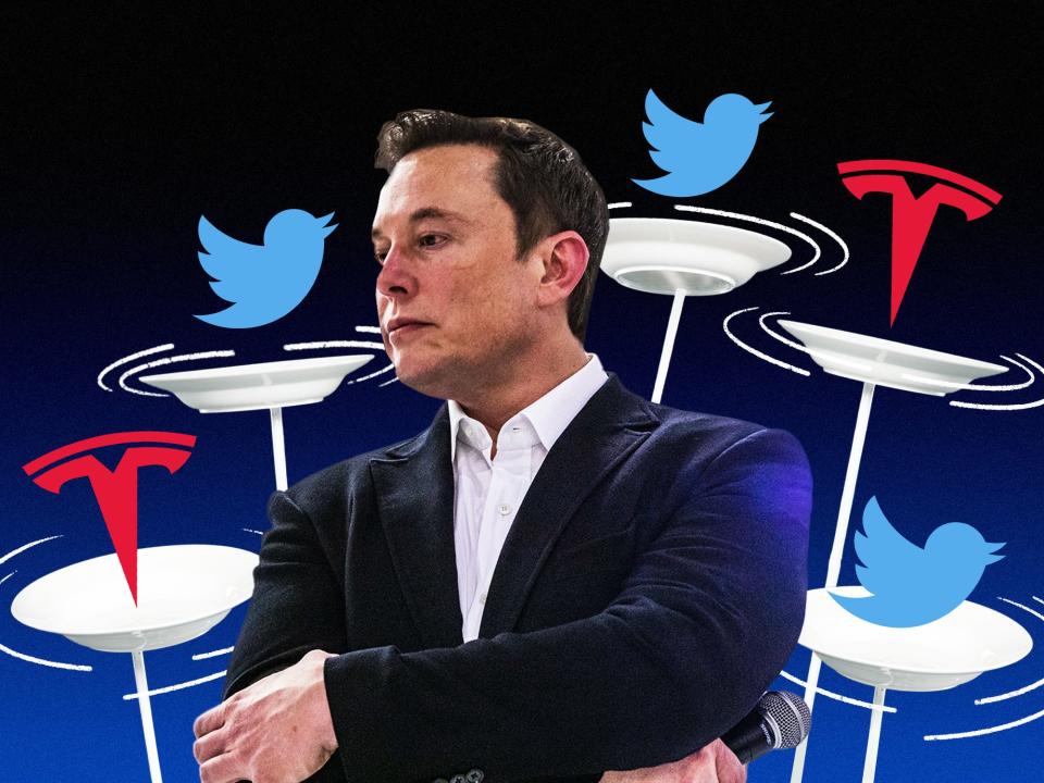 Elon Musk surrounded by spinning plates holding Tesla and Twitter logos