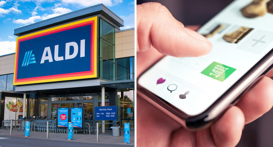 Aldi storefront; Man's thumb hovering above shopping cart button on mobile phone screen