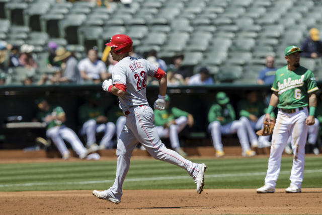 Cincinnati Reds' Luke Maile runs the bases after hitting a solo home run against the Oakland Athletics during the third inning of a baseball game in Oakland, Calif., Saturday, April 29, 2023. (AP Photo/John Hefti)