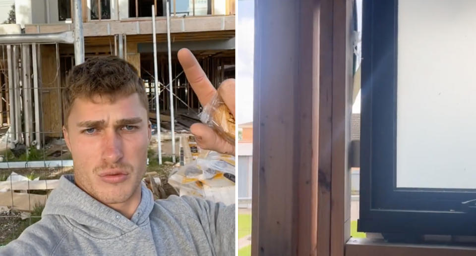 A photo of carpenter Maxim Miroslav pointing at a Melbourne new build that he believes has many building defects. Another photo of one of the windows, which he believes has large gaps.