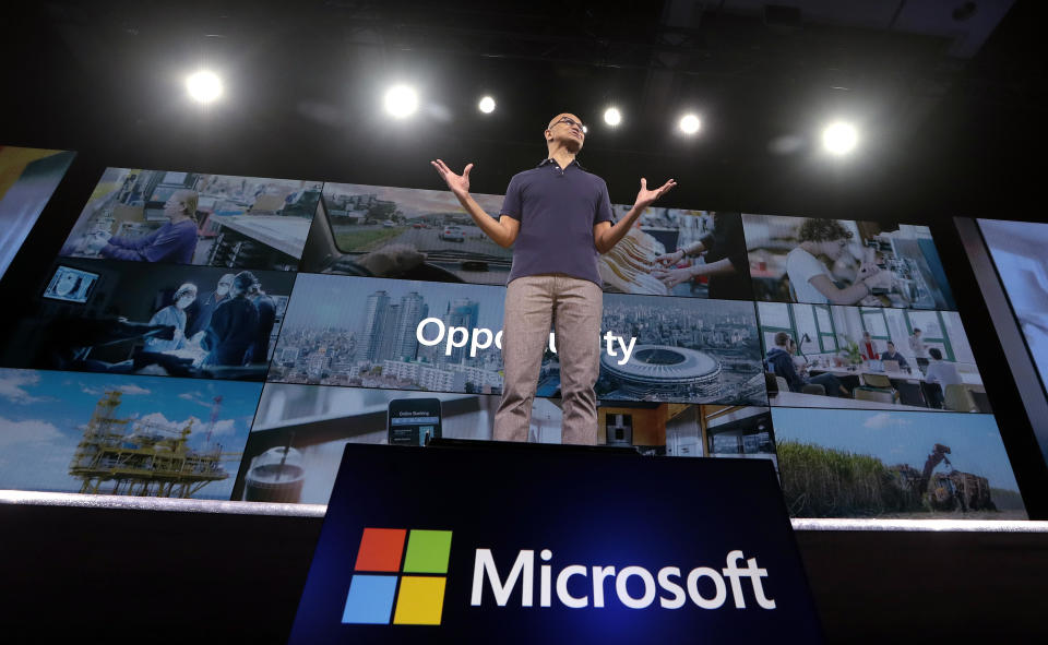 FILE - In this May 6, 2019, file photo Microsoft CEO Satya Nadella delivers the keynote address at Build, the company's annual conference for software developers in Seattle. Microsoft Corp. reports earnings Thursday, July 18, 2019. (AP Photo/Elaine Thompson, File)