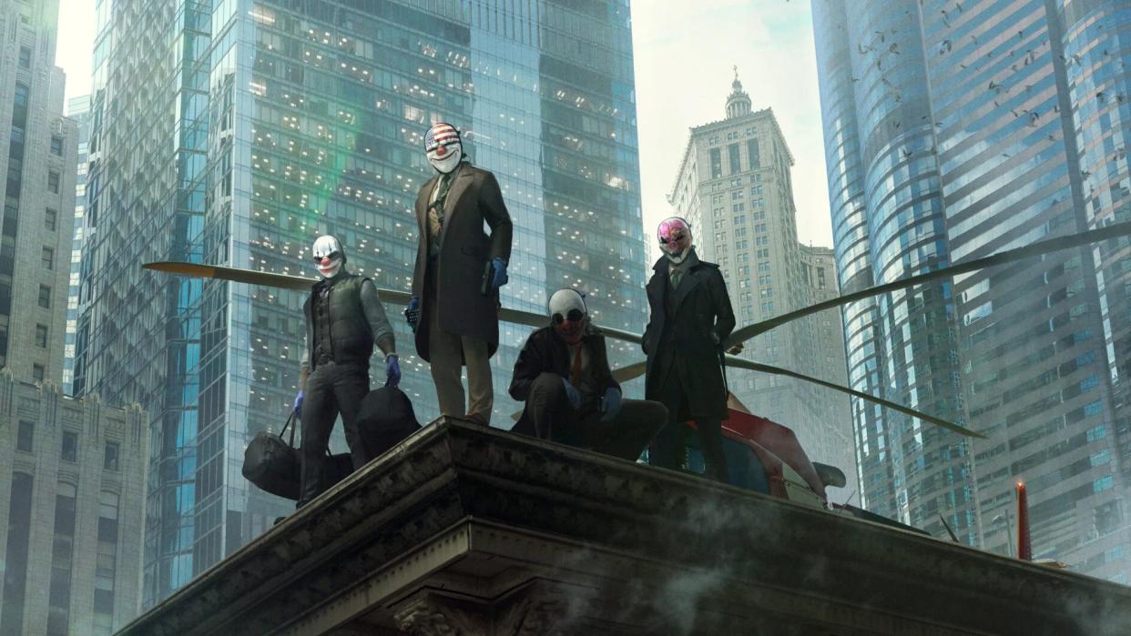  Payday 3's criminal protagonists stand on a rooftop overlooking a city. 