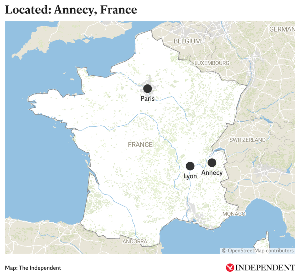 The attack took place in Annecy, a town in the east of the country (The Independent/Datawrapper)