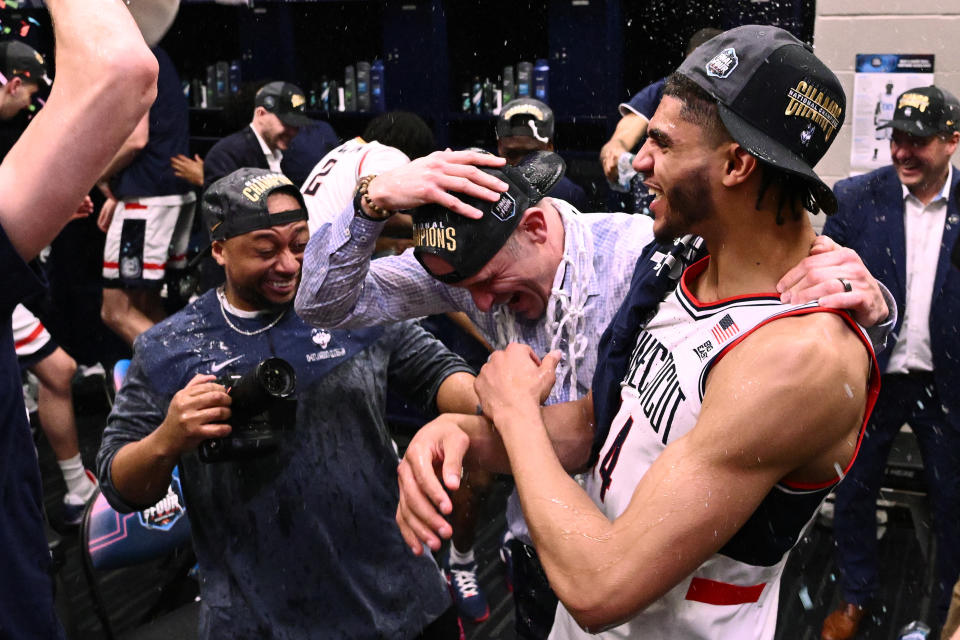 UConn celebrating last year's national championship. (Brett Wilhelm/NCAA Photos via Getty Images)