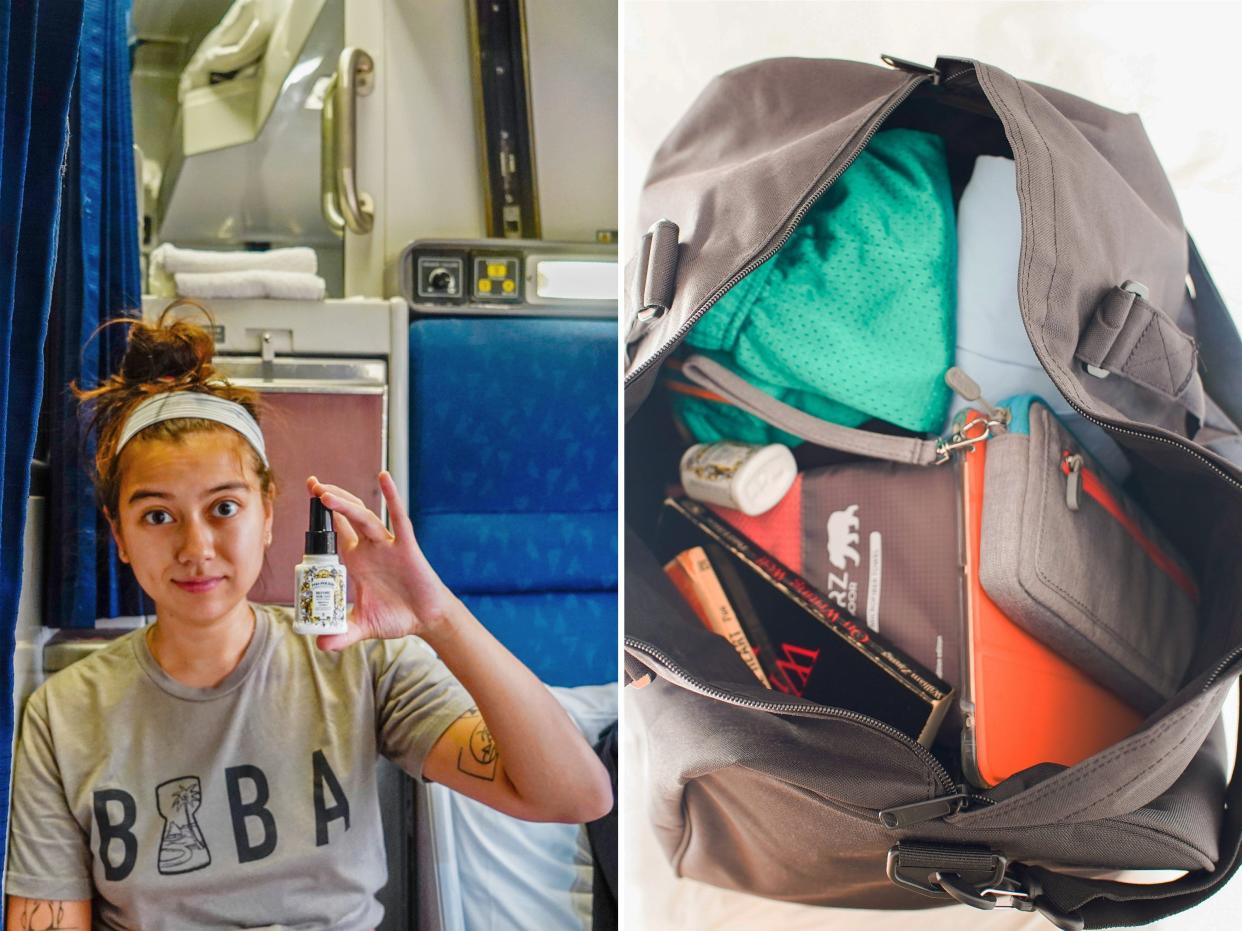 the author hold Poo pouri on the left, her open duffel is on the right