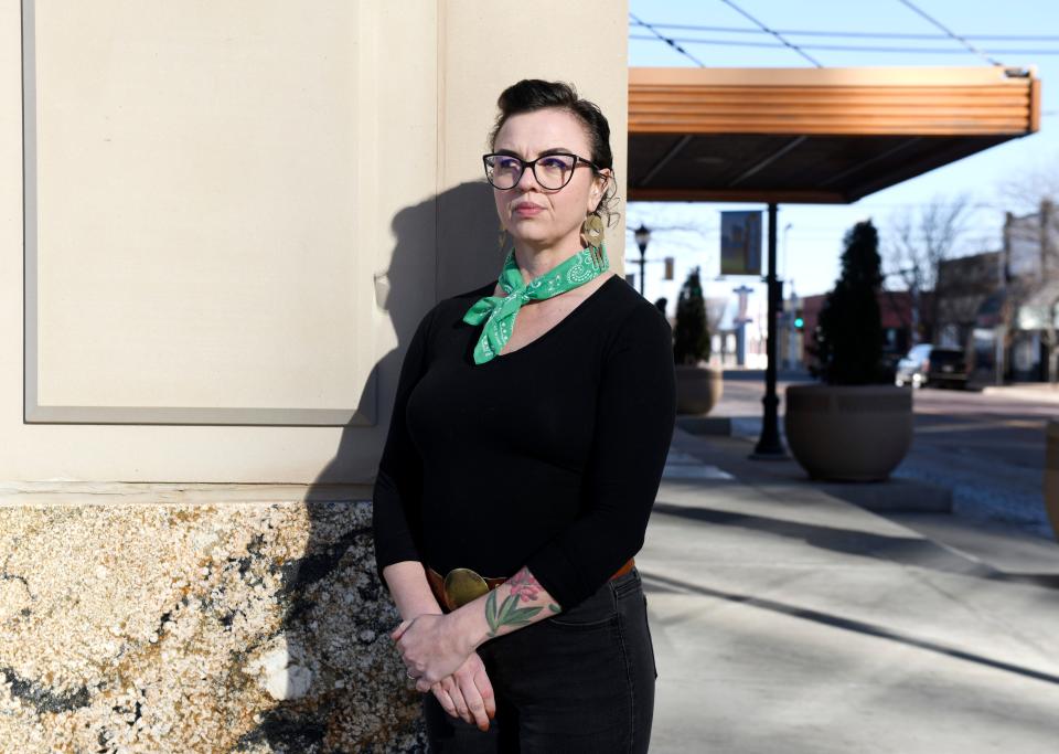 Pro-abortion activist Lindsay London stands in downtown Amarillo, Tuesday, Jan. 16, 2024, in Amarillo, Texas. (Via OlyDrop)