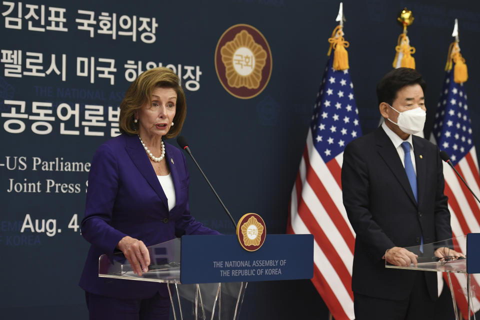 U.S. House Speaker Nancy Pelosi, left, and South Korean National Assembly Speaker Kim Jin Pyo attend a joint press announcement after their meeting at the National Assembly in Seoul, Thursday, Aug. 4, 2022. (Kim Min-Hee/Pool Photo via AP)