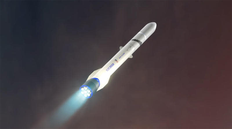 An artist's impression of a New Glenn rocket in flight, powered by seven methane-oxygen BE-4 engines. The rocket's maiden flight is expected late next year. / Credit: Blue Origin